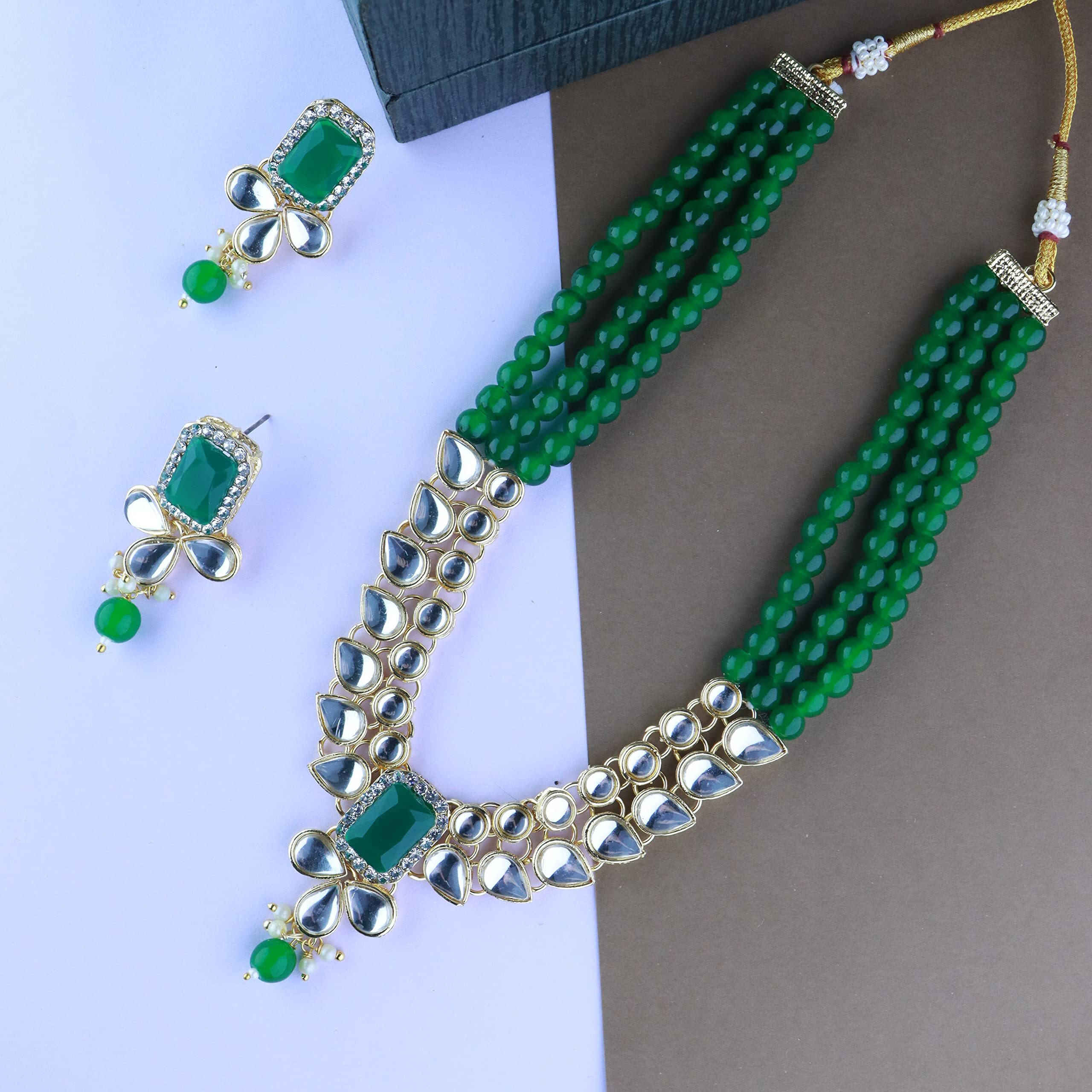 I Jewels 18K Gold Plated Traditional White Kundan Studded Multi Layered Pearl Necklace Jewellery Set with Dangle Earrings for Women And Girls (IJ354G)