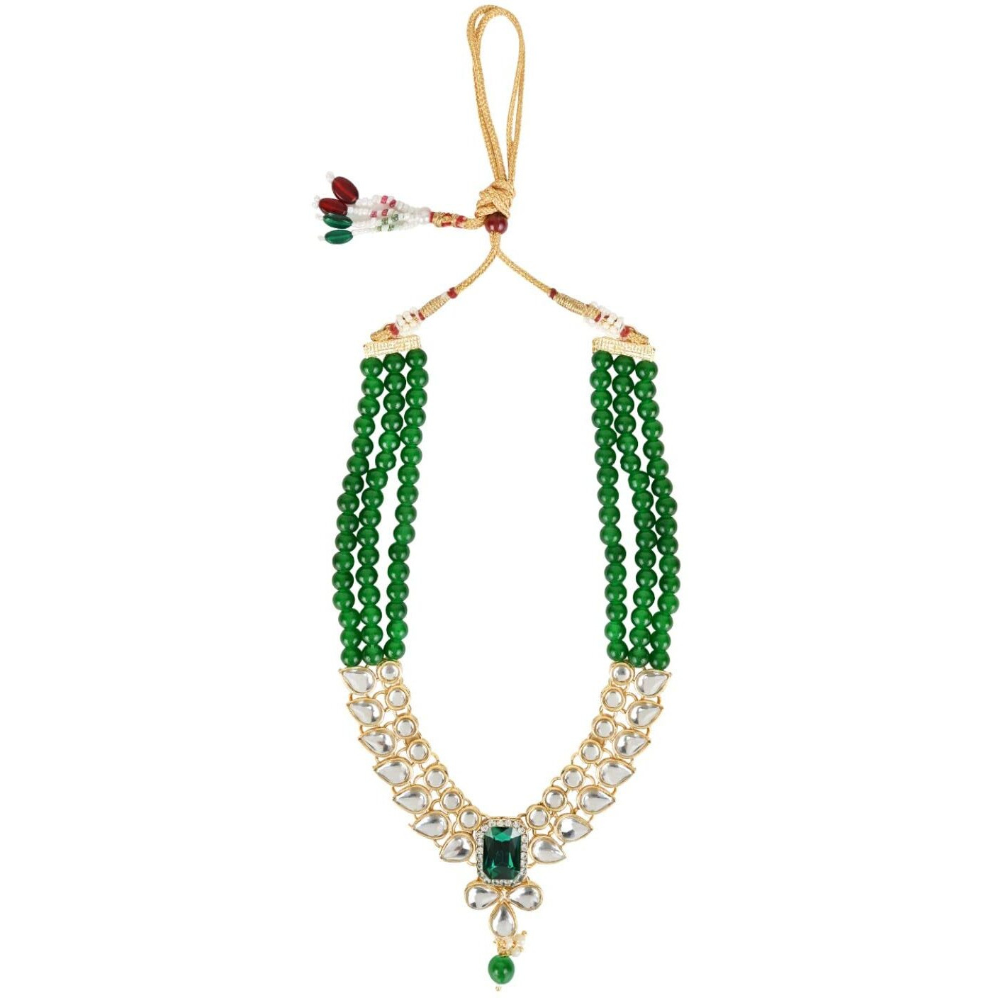 I Jewels 18K Gold Plated Traditional White Kundan Studded Multi Layered Pearl Necklace Jewellery Set with Dangle Earrings for Women And Girls (IJ354G)