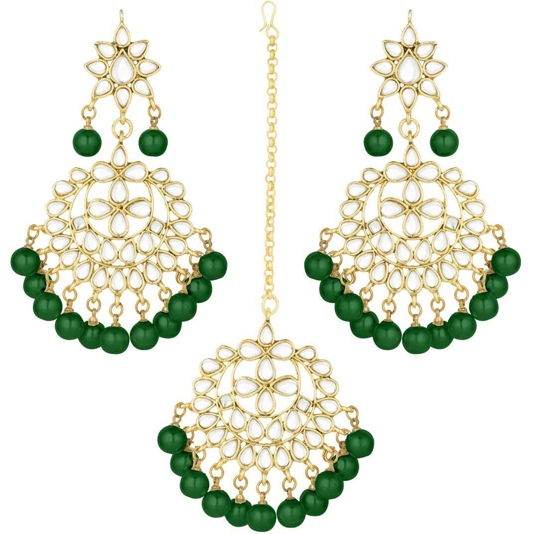 I Jewels Green Gold Plated Pearl and Kundan Traditional Maang Tikka with Earrings Set for Women