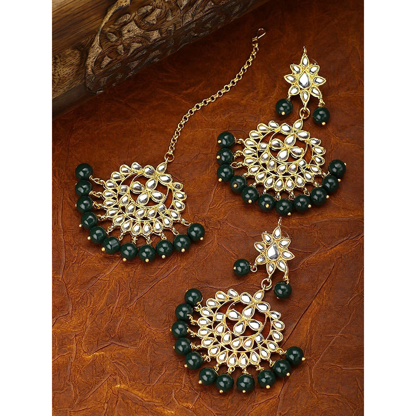 I Jewels Green Gold Plated Pearl and Kundan Traditional Maang Tikka with Earrings Set for Women