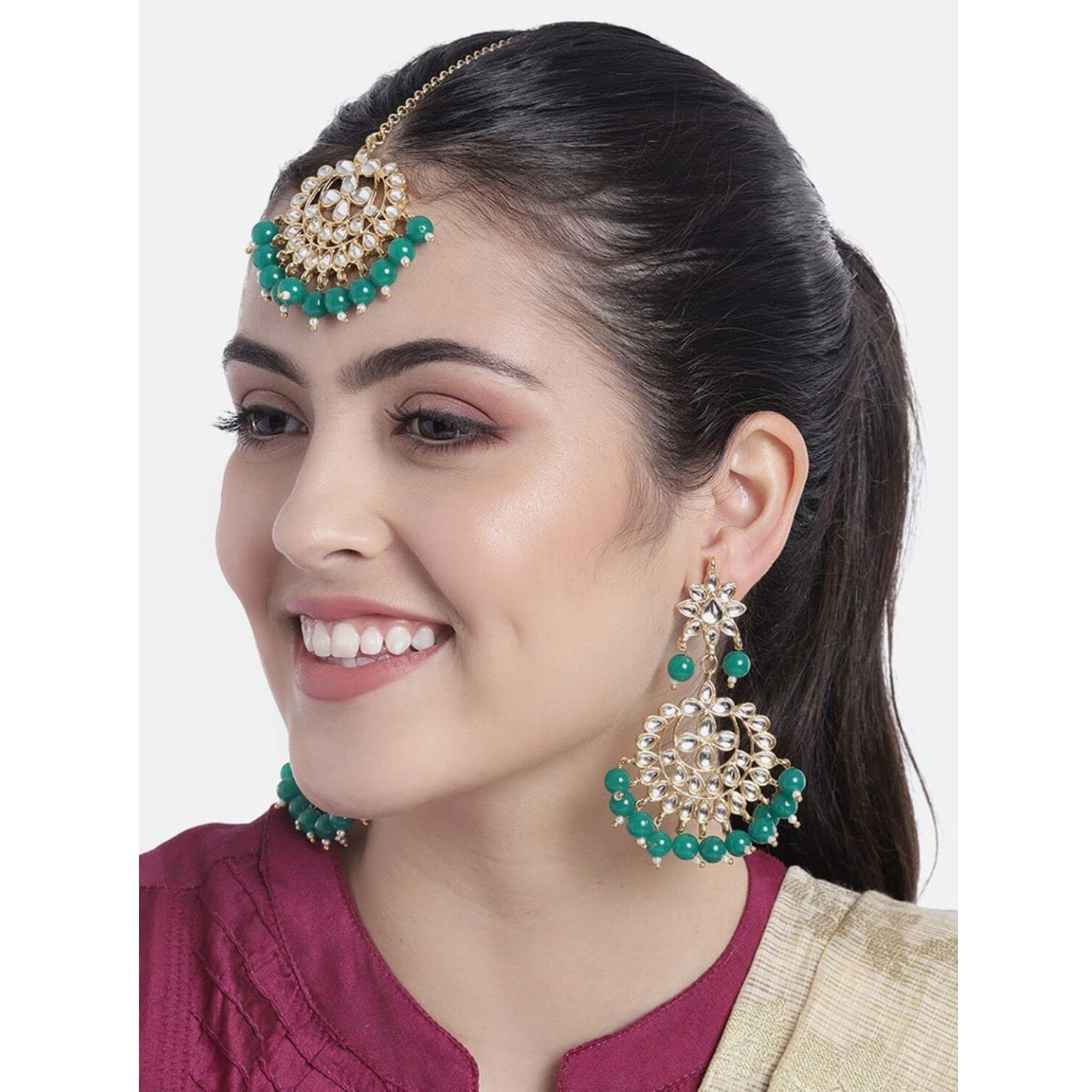 I Jewels Green Gold Plated Pearl and Kundan Traditional Maang Tikka with Earrings Set for Women