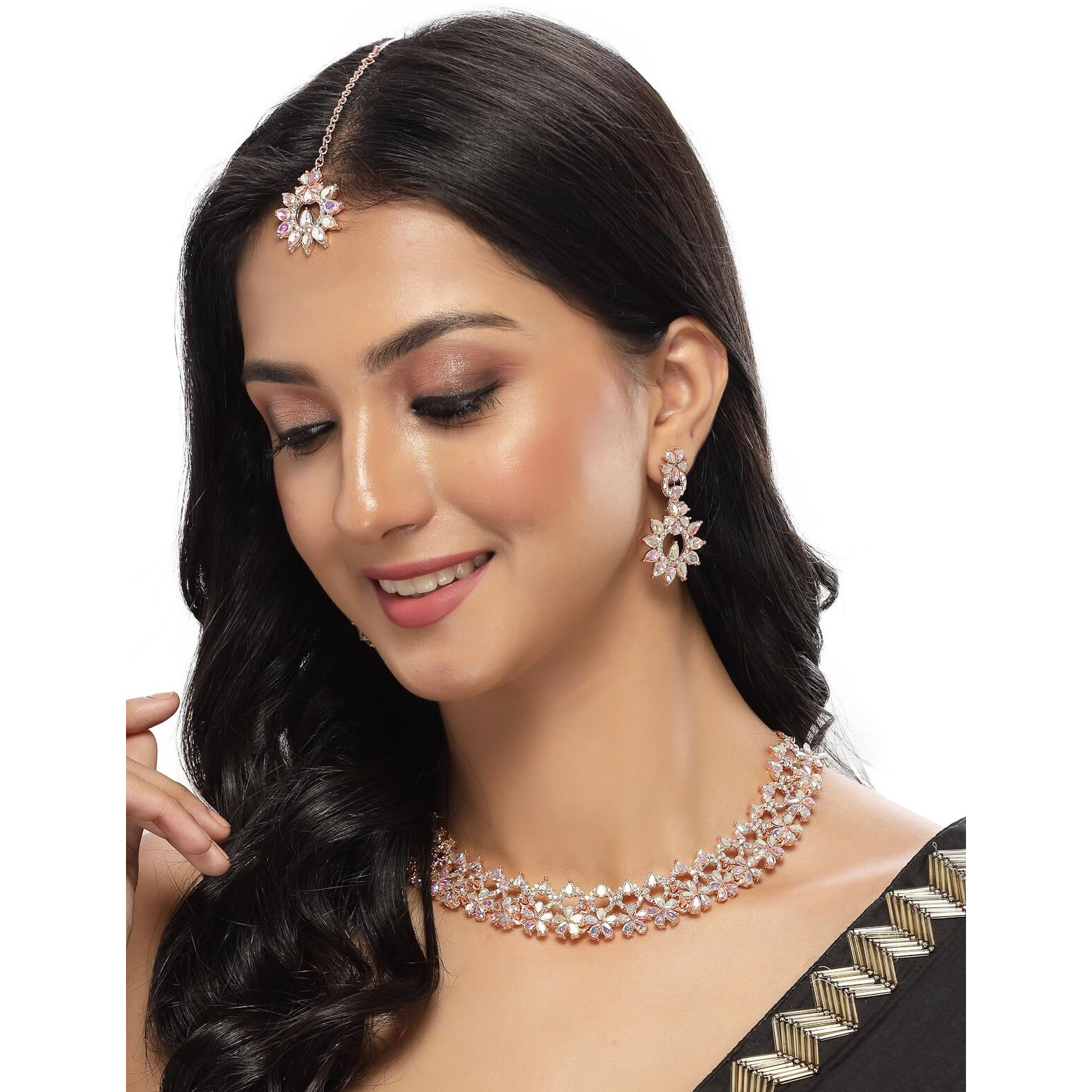 Sukkhi Innovative Rose Gold Plated Rainbow Stone Collar Bone Necklace Set With Earring And Maangtika | Jewellery Set For Women (NS105638)