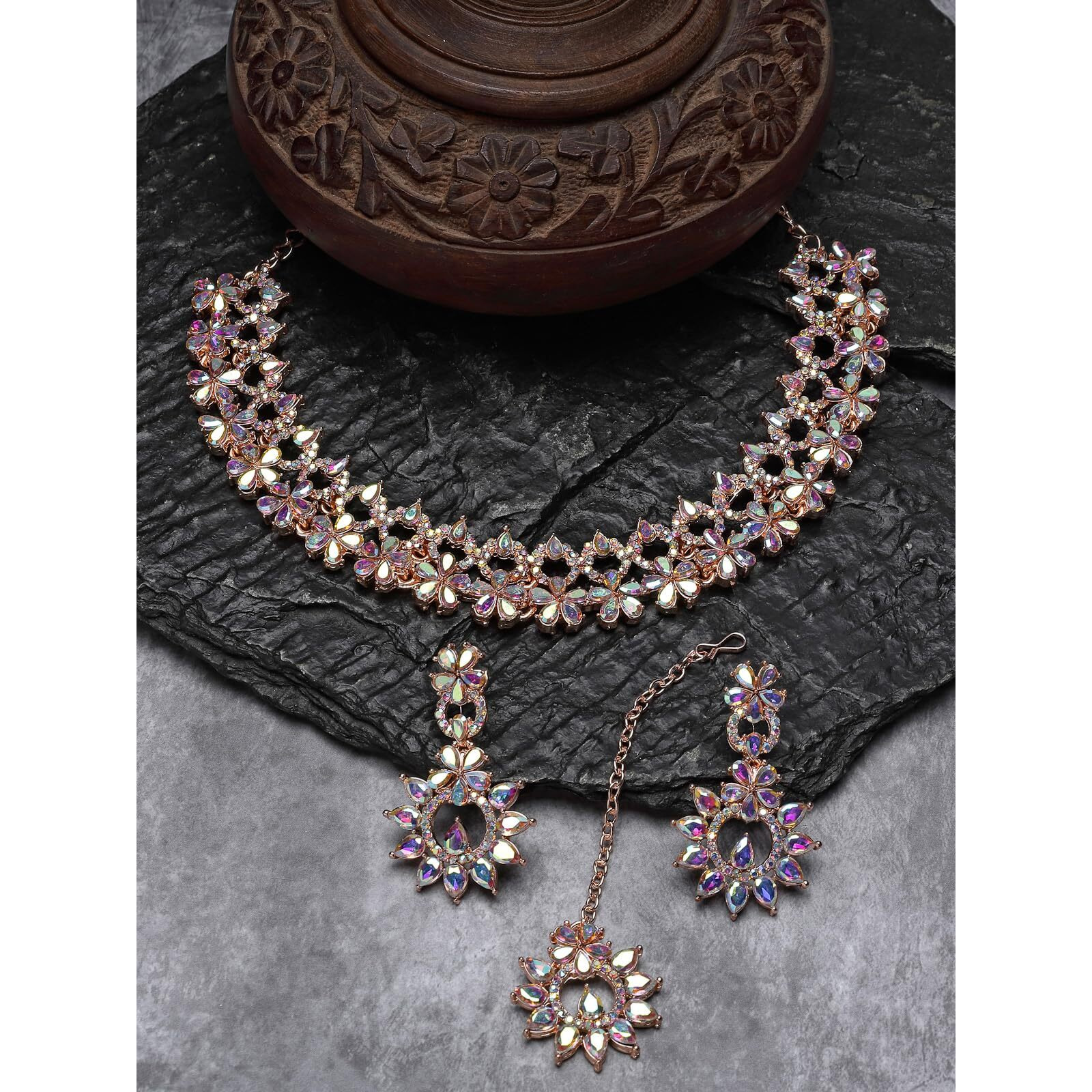 Sukkhi Innovative Rose Gold Plated Rainbow Stone Collar Bone Necklace Set With Earring And Maangtika | Jewellery Set For Women (NS105638)