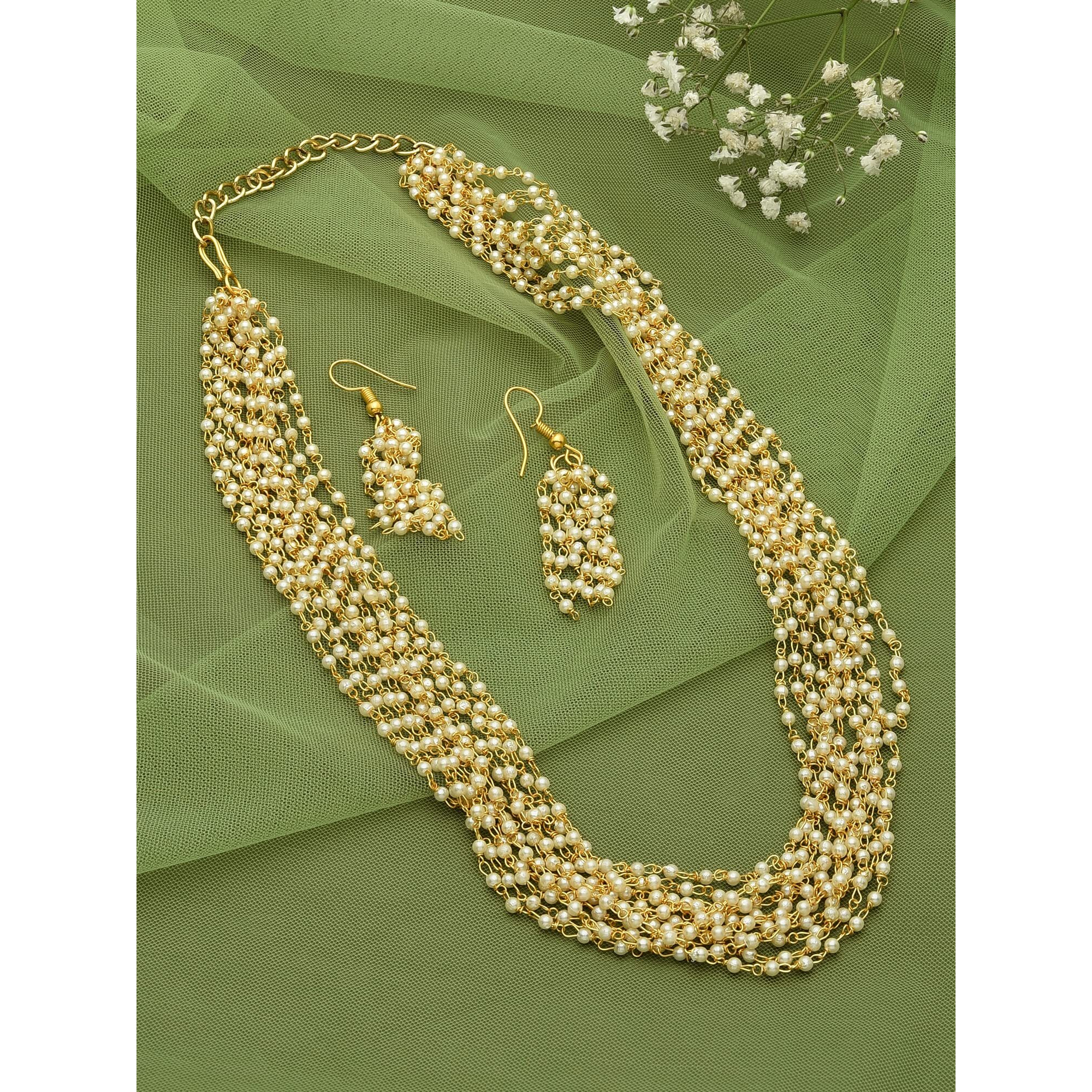 ZAVERI PEARLS Gold Tone Ethnic Multistrand Pearls Necklace & Earring Set For Women-ZPFK12744