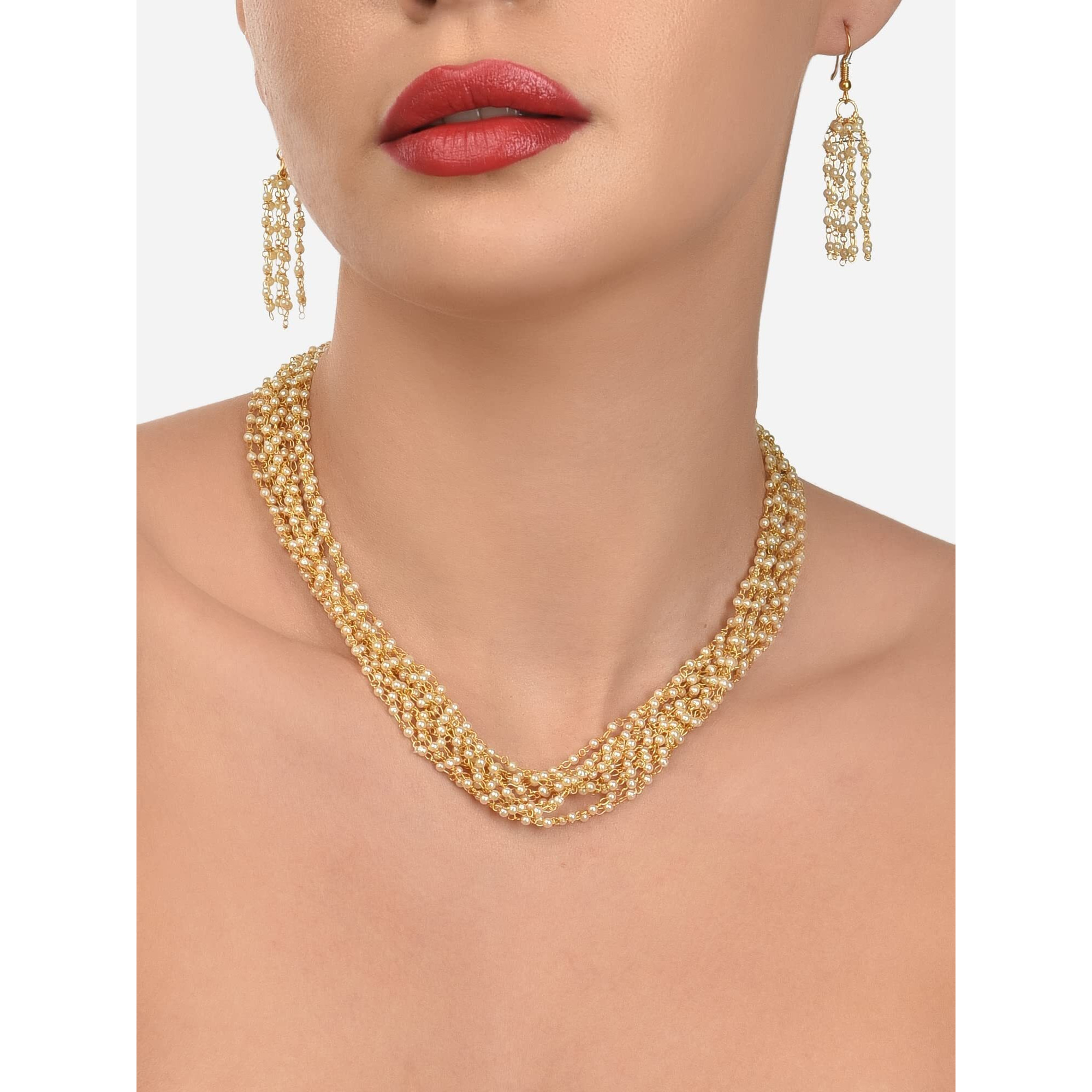 ZAVERI PEARLS Gold Tone Ethnic Multistrand Pearls Necklace & Earring Set For Women-ZPFK12744