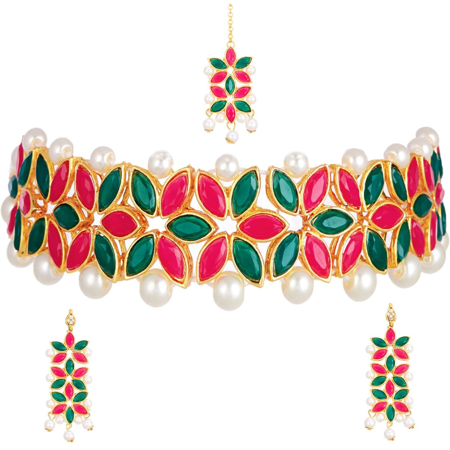 ZENEME Flower Shaped Choker Wedding Necklace Earrings Maang Tikka Jewellery For Women (Red Green)