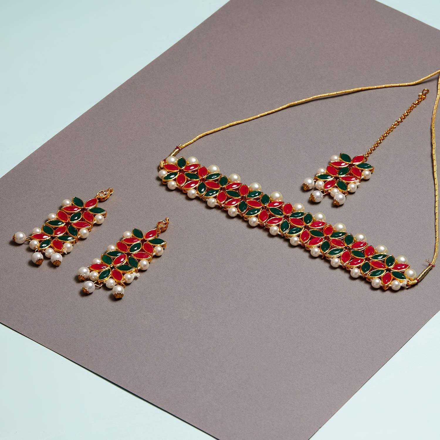 ZENEME Flower Shaped Choker Wedding Necklace Earrings Maang Tikka Jewellery For Women (Red Green)