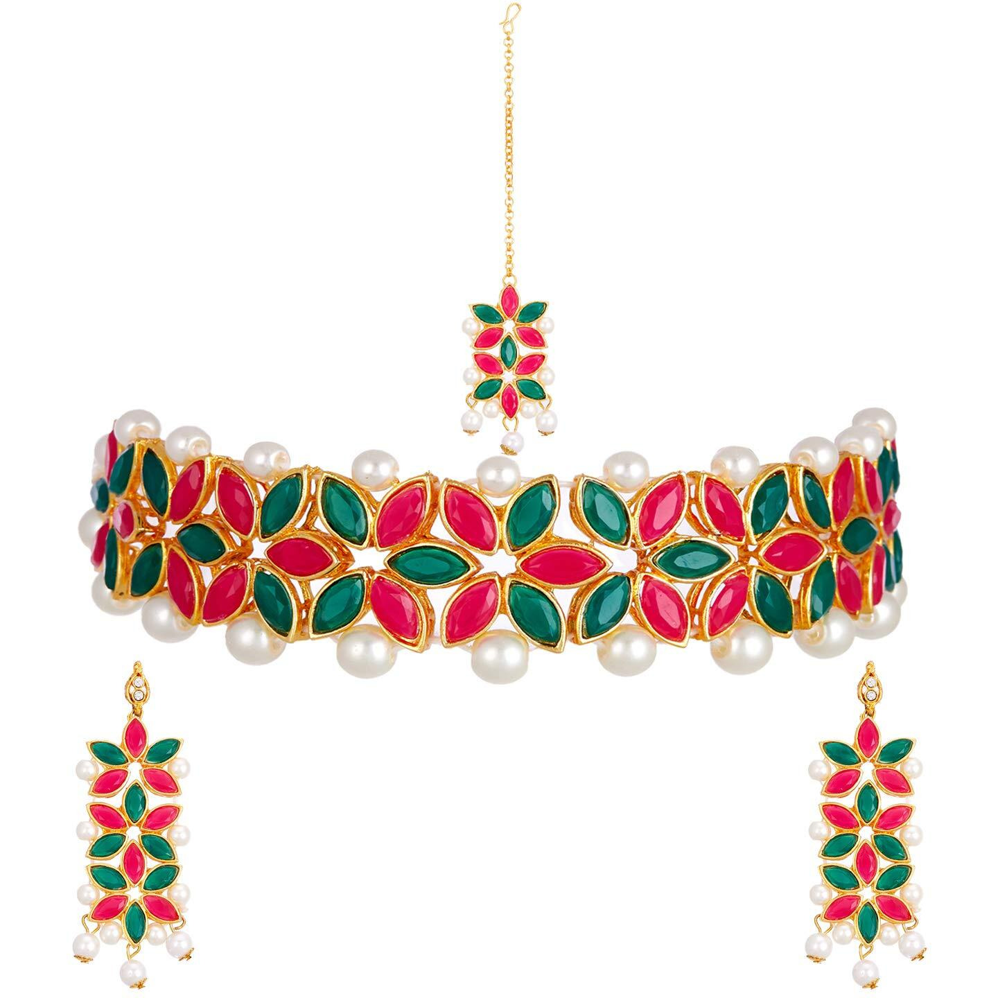ZENEME Flower Shaped Choker Wedding Necklace Earrings Maang Tikka Jewellery For Women (Red Green)