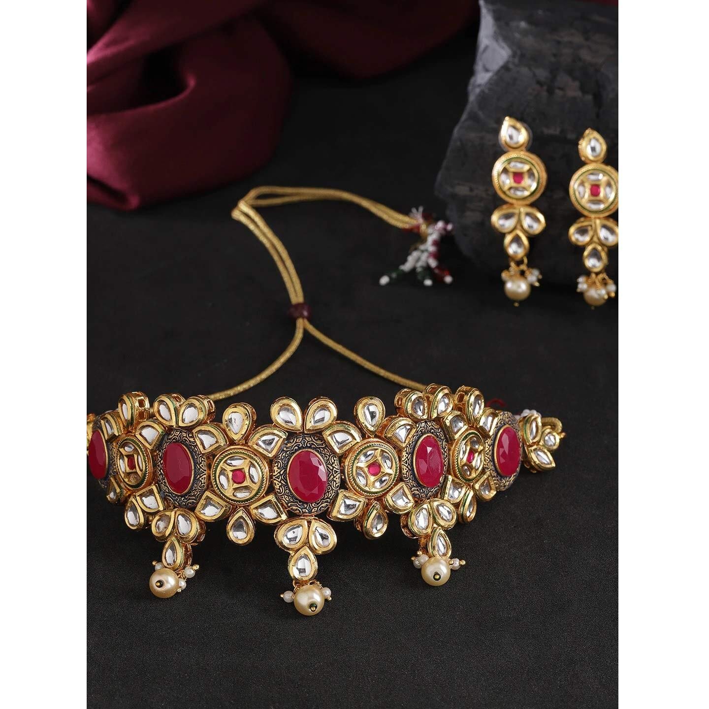 Priyaasi Gold-Plated Gold & Mahroon Kundan Choker Necklace with Earrings with Drawstring Closure for Women