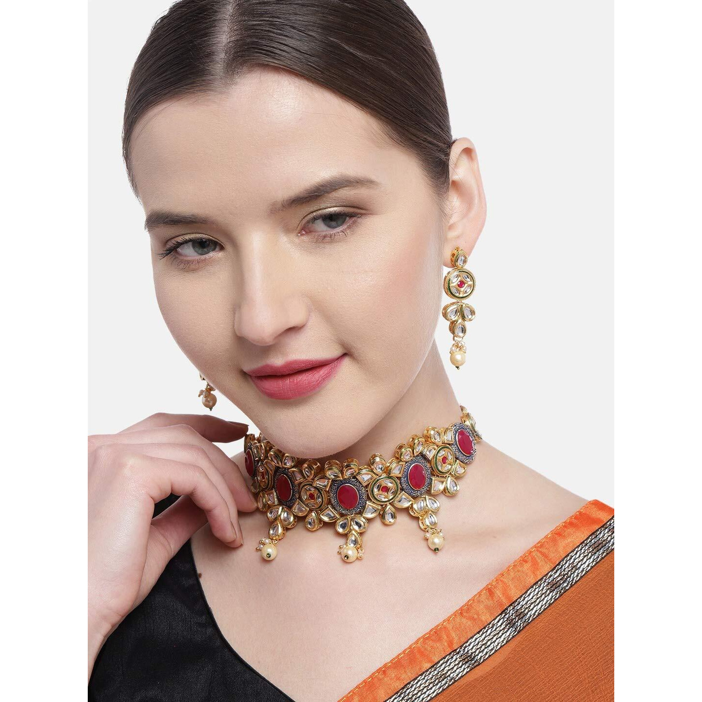 Priyaasi Gold-Plated Gold & Mahroon Kundan Choker Necklace with Earrings with Drawstring Closure for Women
