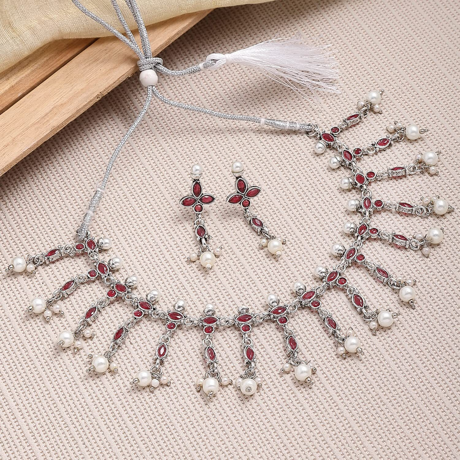 ZENEME Fashion Jewellery Antique Oxidised Silver Plated Tribal Pink Silver-Plated AD Studded Pearl Necklace With Earrings Jewellery For Women & Girls (Style 3)