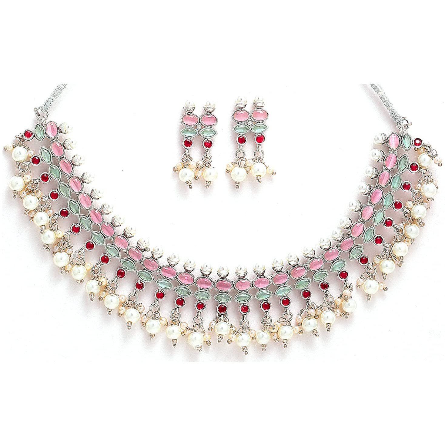 ZENEME Fashion Jewellery Antique Oxidised Silver Plated Tribal Pink Silver-Plated AD Studded Pearl Necklace With Earrings Jewellery For Women & Girls (Style 1)