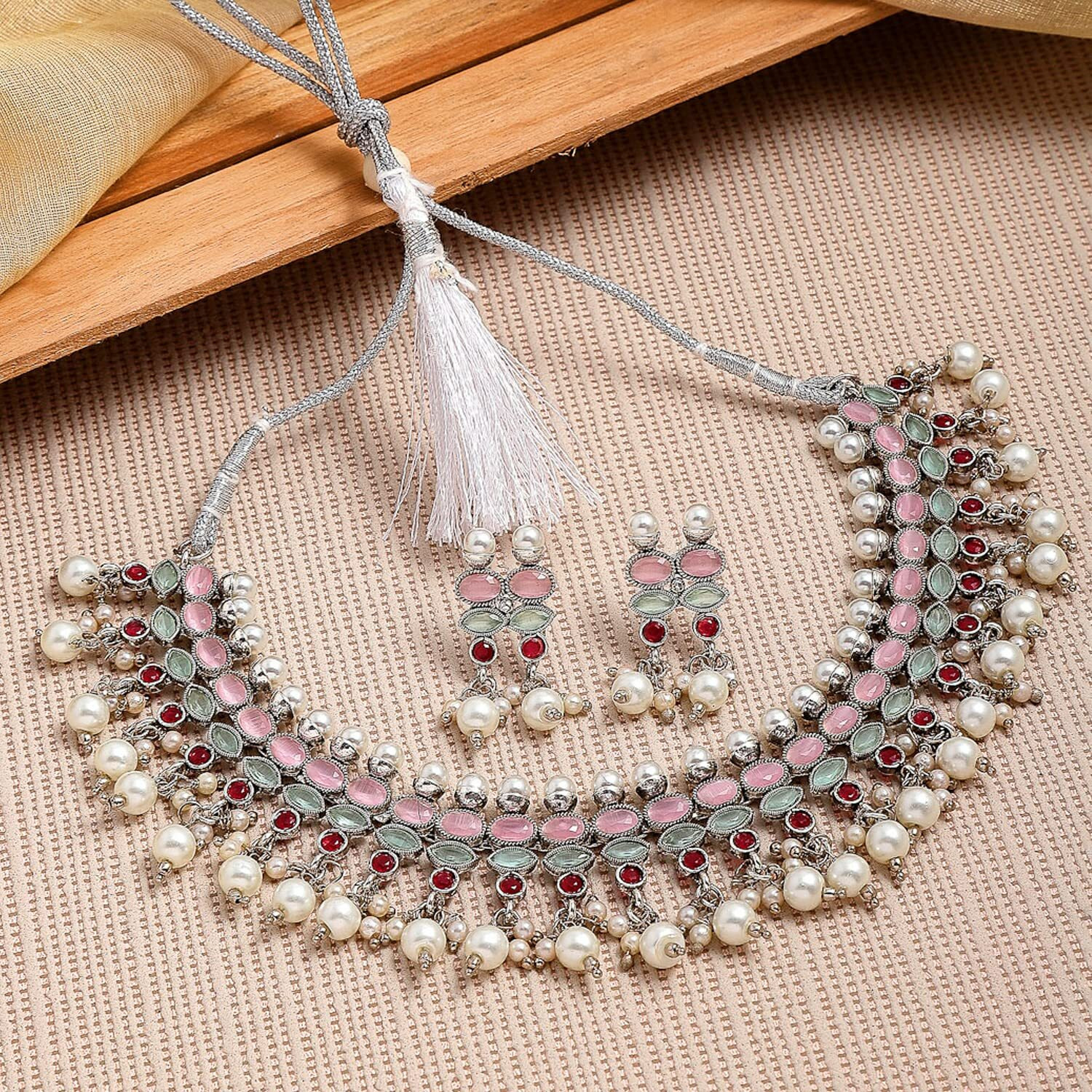 ZENEME Fashion Jewellery Antique Oxidised Silver Plated Tribal Pink Silver-Plated AD Studded Pearl Necklace With Earrings Jewellery For Women & Girls (Style 1)