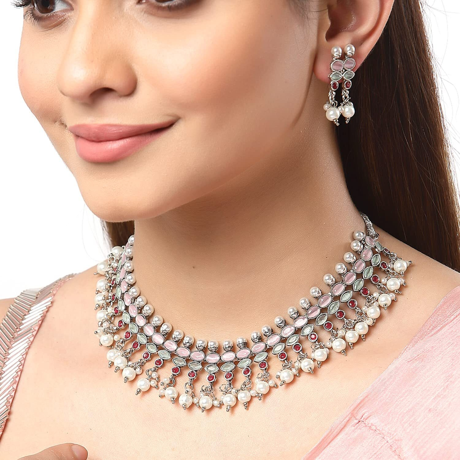 ZENEME Fashion Jewellery Antique Oxidised Silver Plated Tribal Pink Silver-Plated AD Studded Pearl Necklace With Earrings Jewellery For Women & Girls (Style 1)