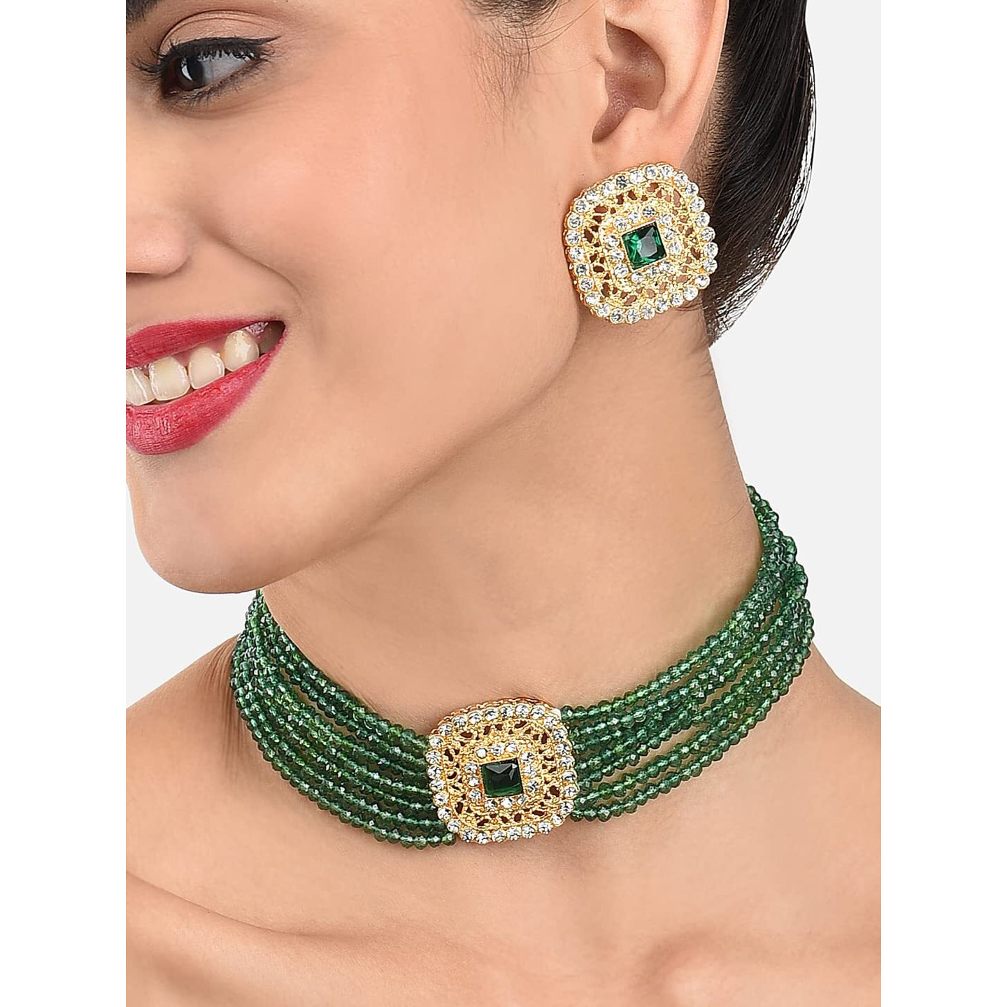 ZAVERI PEARLS Green Multistrand Crystal Beads Choker Necklace & Earring Set For Women-ZPFK10240