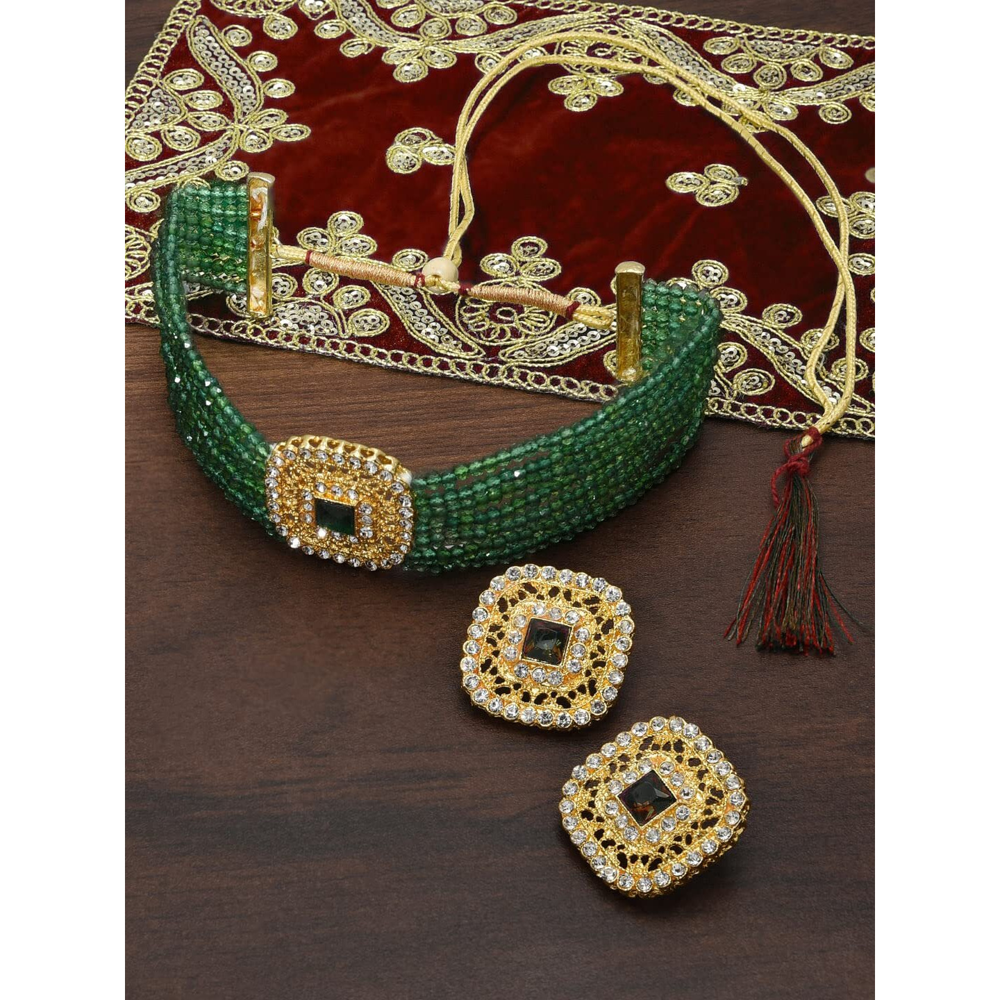ZAVERI PEARLS Green Multistrand Crystal Beads Choker Necklace & Earring Set For Women-ZPFK10240