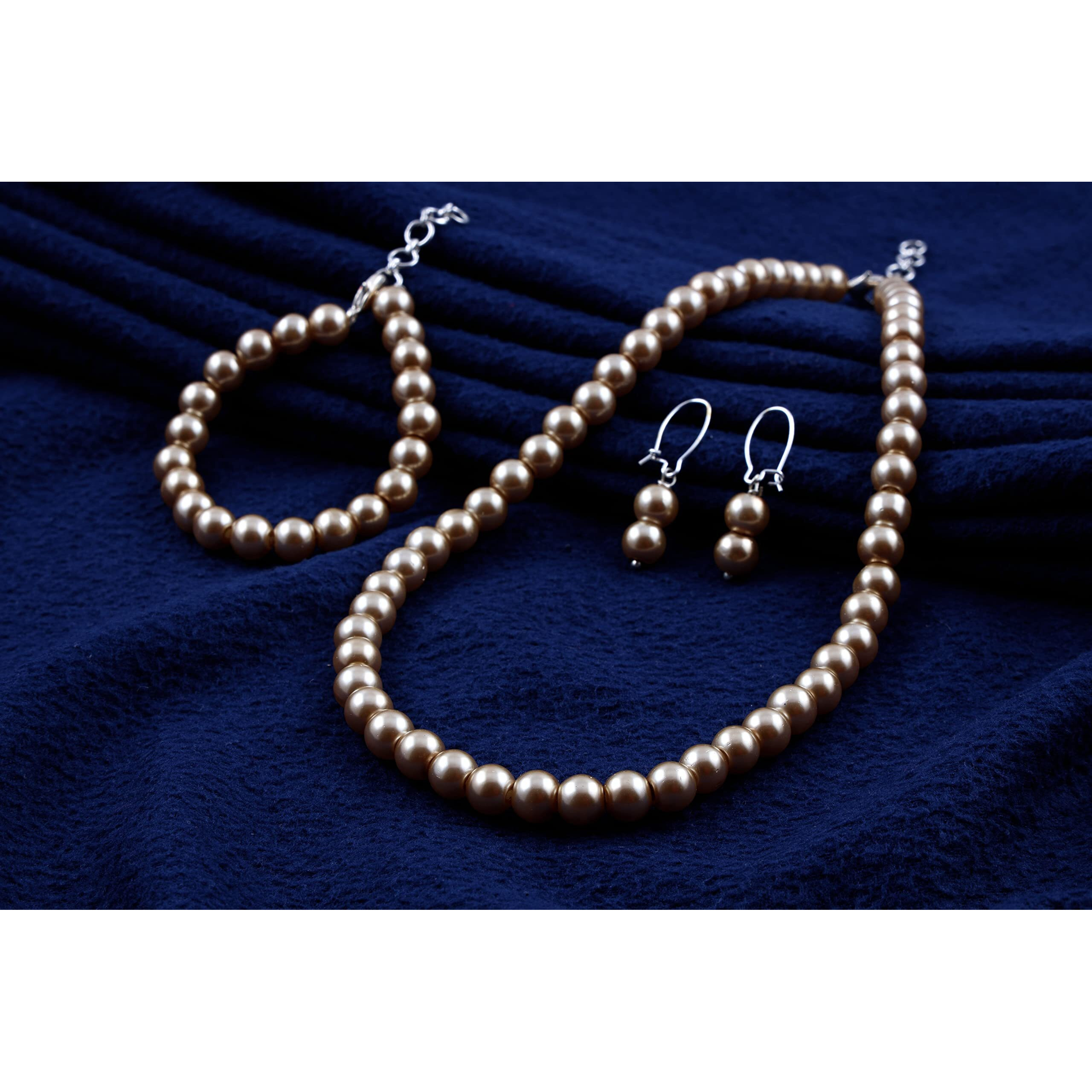 JFL - Jewellery for Less Combo Imitation 8mm Light Gold Round Pearl Necklace Set Moti Mala Pearl Set With Earrings,Bracelet Handcrafted (Light Gold),Valentine
