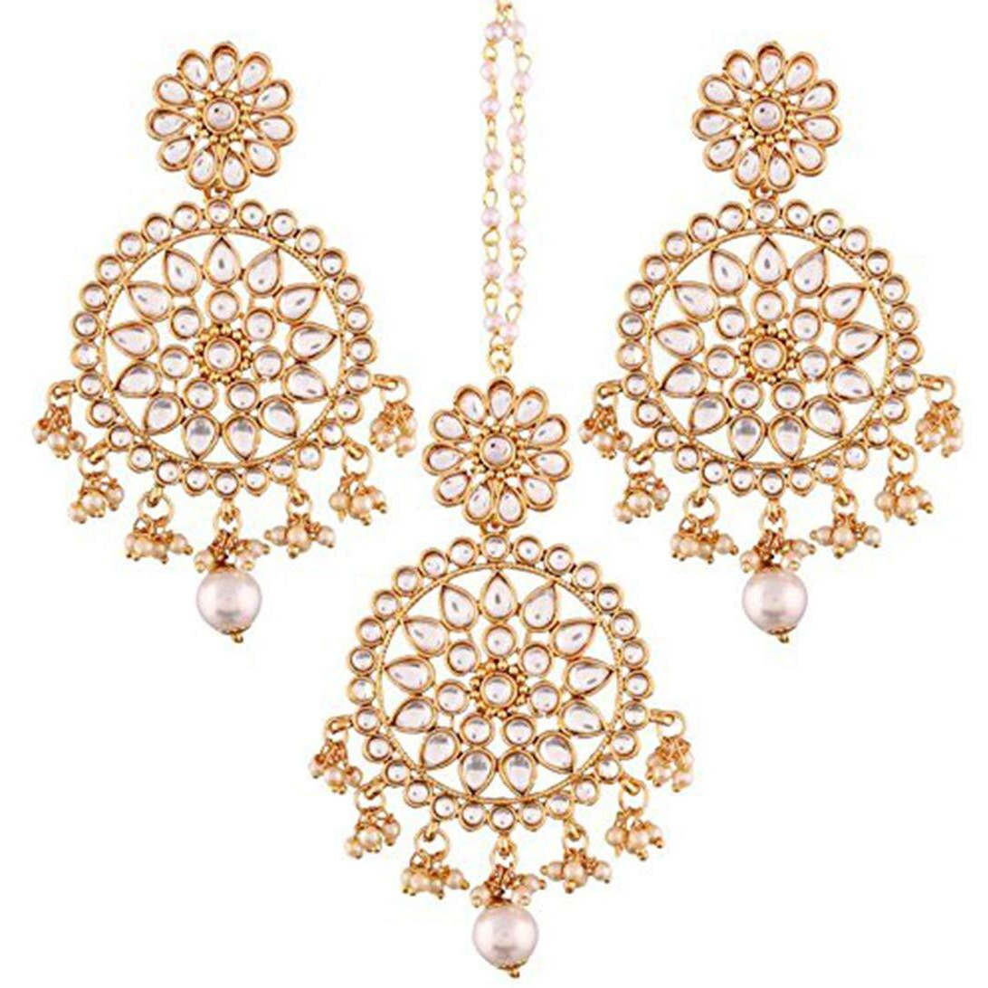 Peora Gold Plated Traditional Kundan & Pearl Earring with Maang Tikka Set for Women Girls