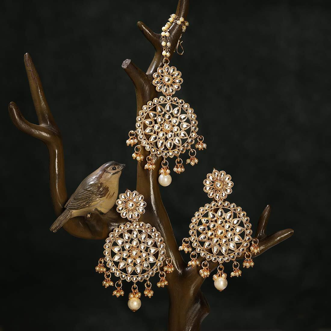 Peora Gold Plated Traditional Kundan & Pearl Earring with Maang Tikka Set for Women Girls