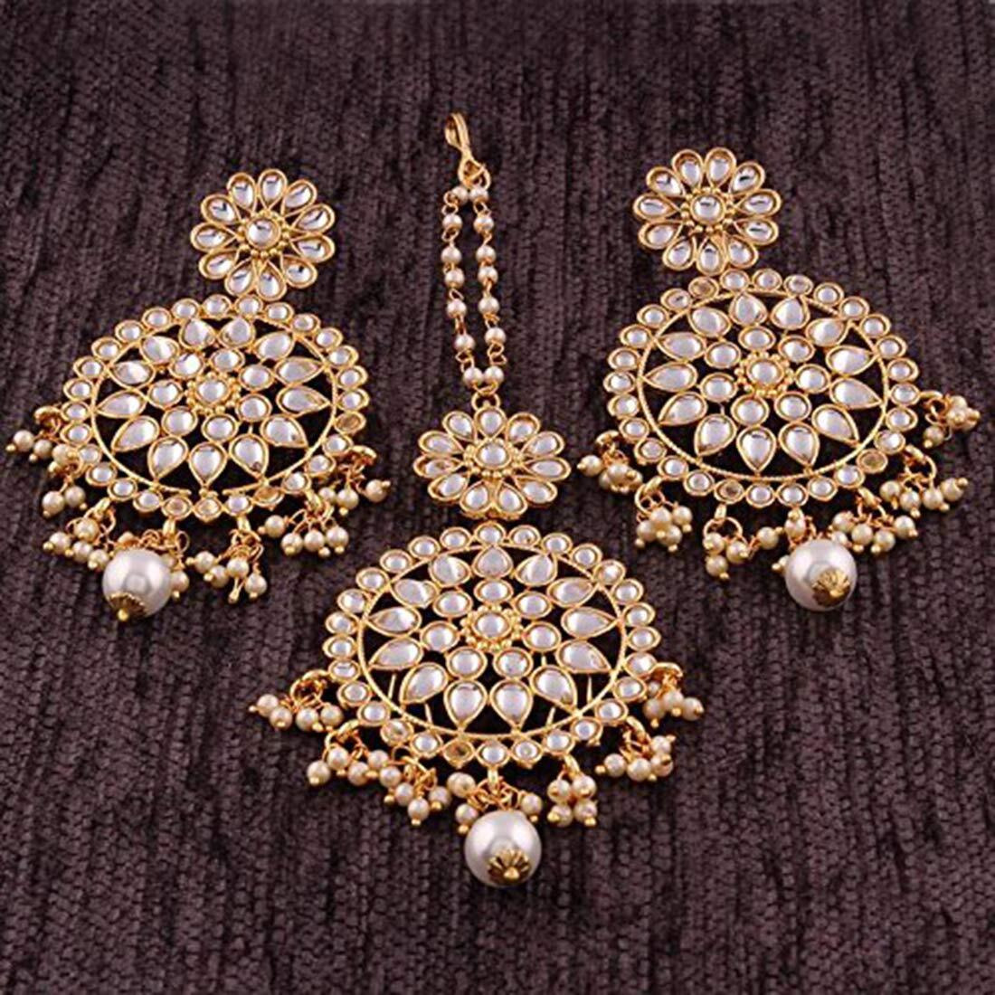 Peora Gold Plated Traditional Kundan & Pearl Earring with Maang Tikka Set for Women Girls