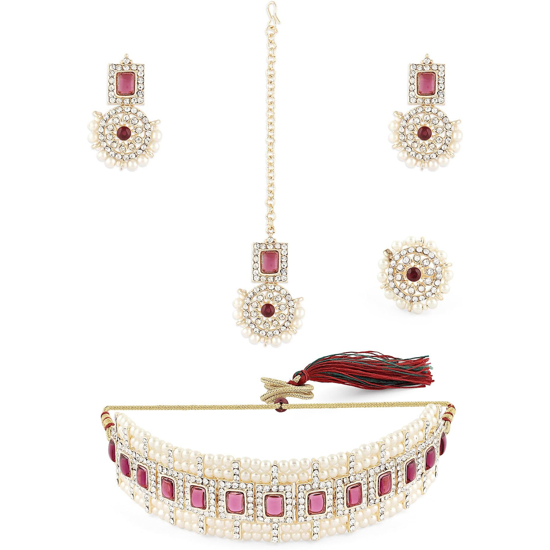 ZAVERI PEARLS Purple Stones Dazzling Austrian Diamonds Pearls Choker Necklace Earring Maangtikka & Ring Set For Women-ZPFK16132