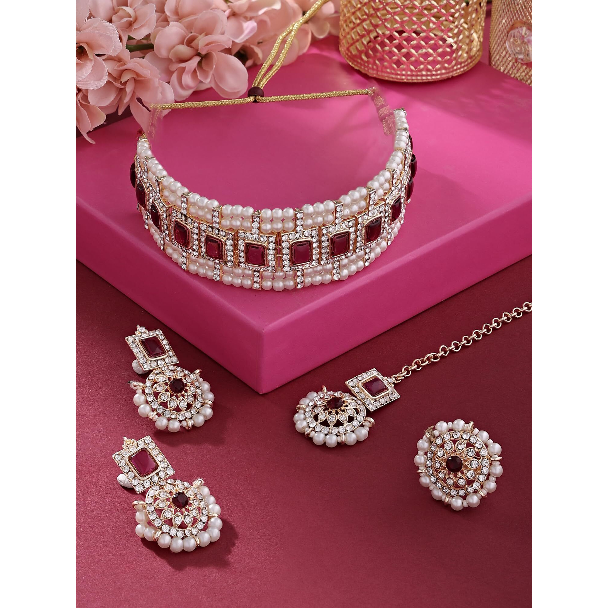 ZAVERI PEARLS Purple Stones Dazzling Austrian Diamonds Pearls Choker Necklace Earring Maangtikka & Ring Set For Women-ZPFK16132