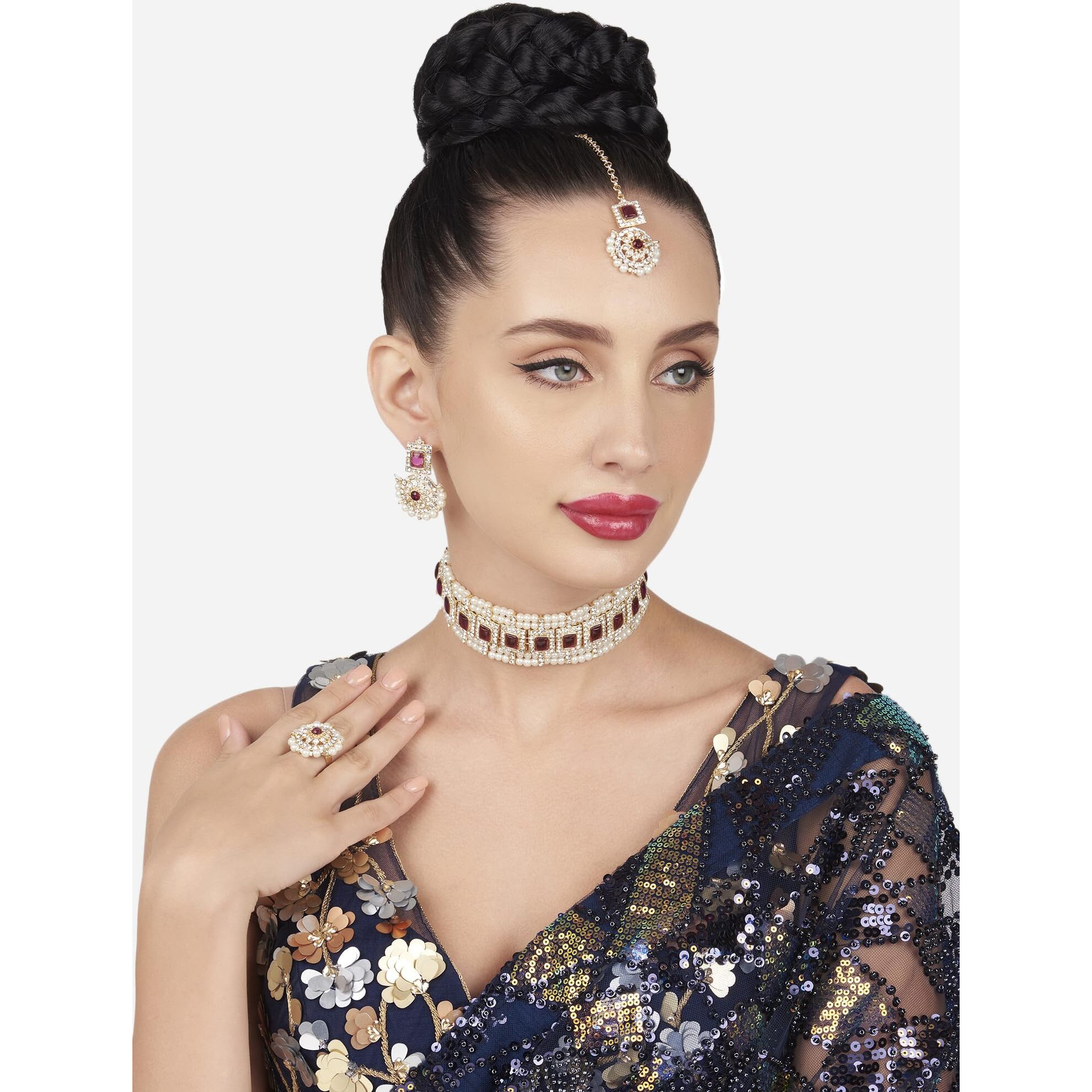 ZAVERI PEARLS Purple Stones Dazzling Austrian Diamonds Pearls Choker Necklace Earring Maangtikka & Ring Set For Women-ZPFK16132