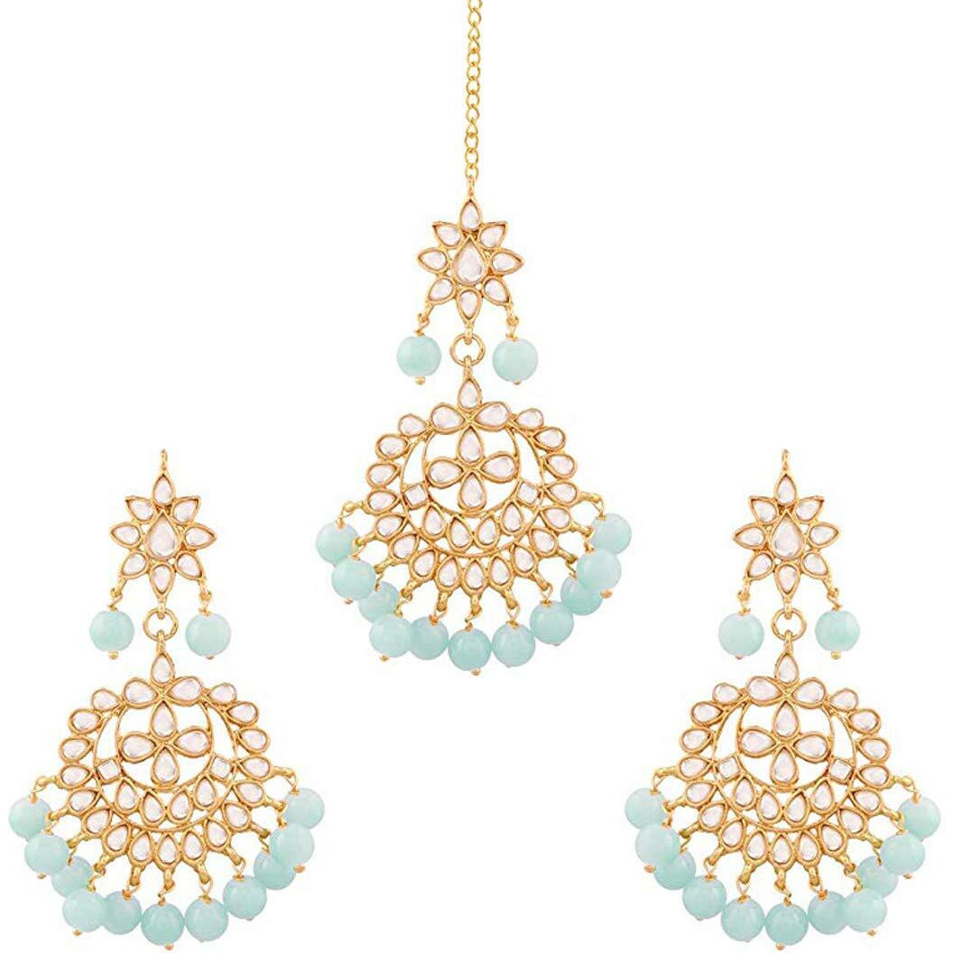 I Jewels Blue Gold Plated Alloy Traditional Kundan Pearl Earrings and Maang Tikka for Women