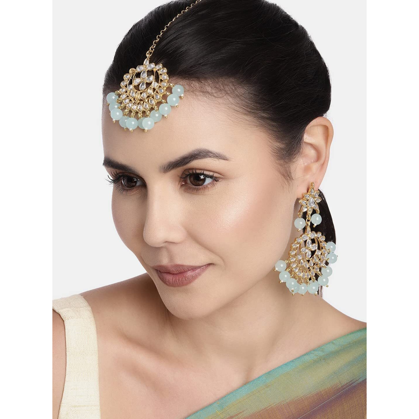 I Jewels Blue Gold Plated Alloy Traditional Kundan Pearl Earrings and Maang Tikka for Women