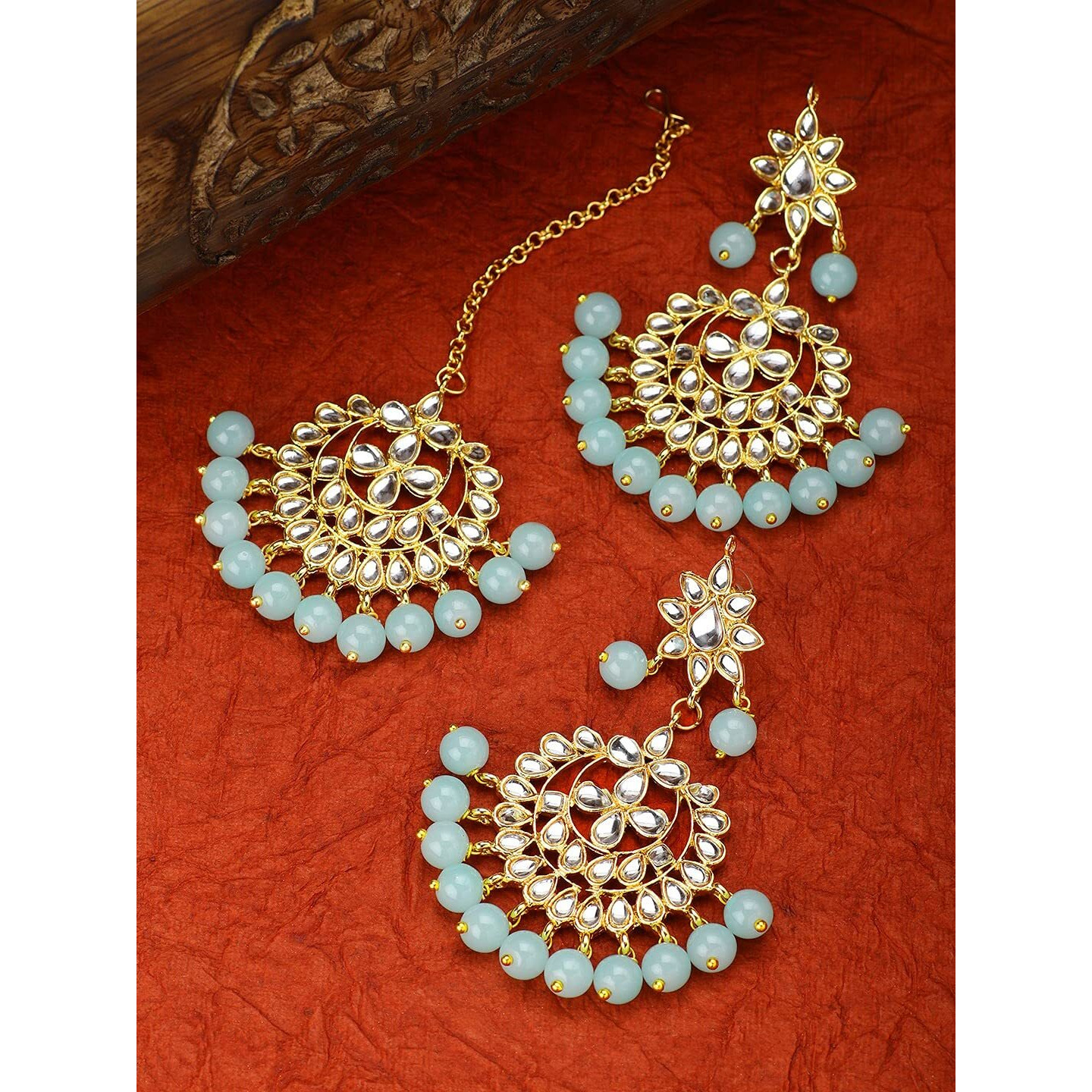 I Jewels Blue Gold Plated Alloy Traditional Kundan Pearl Earrings and Maang Tikka for Women