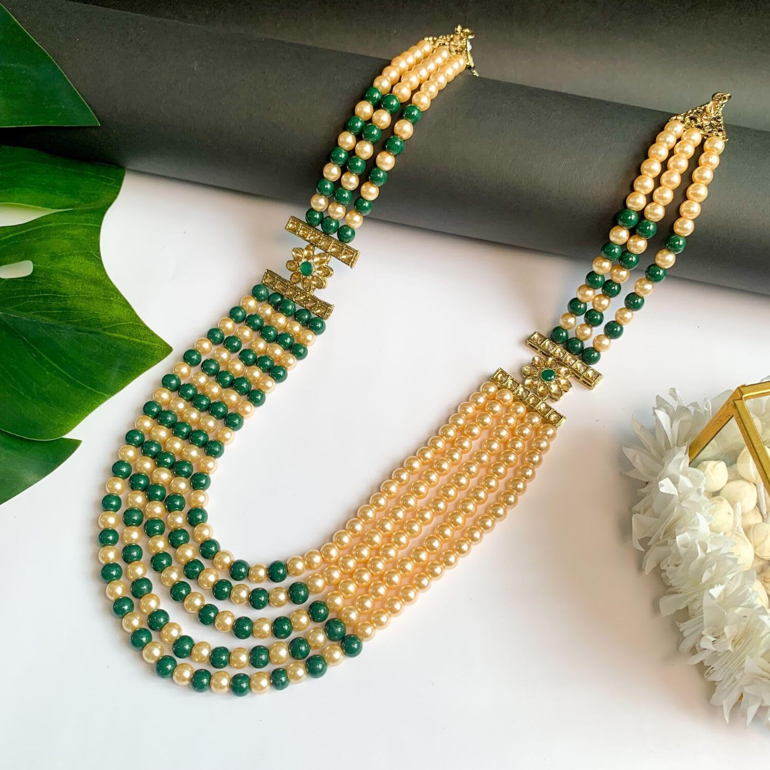 I Jewels 5 Layered Traditional Gold Plated Dulha Moti Mala with Beaded Maharaja Haar/Groom Necklace For Men (MLP31G)
