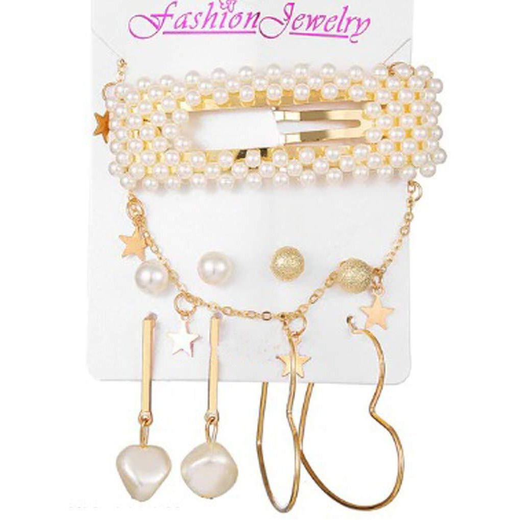 Jewels Galaxy Womens Trending Stud & Hoop Earrings with a Pearl Clature & Star Necklace Set of 4 (JG-PC-ERG-182), White, One size