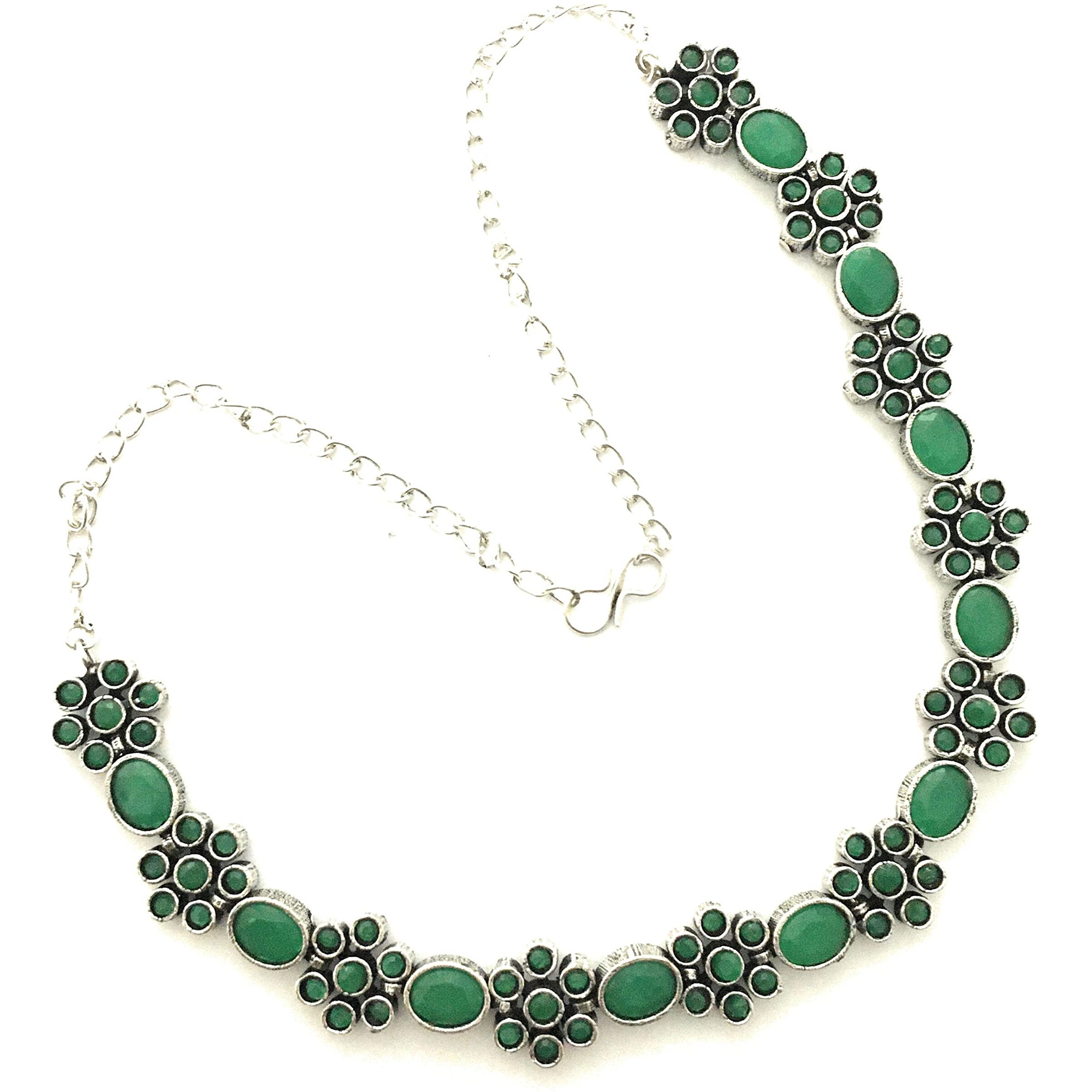 Sasitrends German Silver Oval and Flower Pattern Stone Studded Oxidized Jewellery Set for Women & Girls