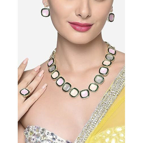 ZAVERI PEARLS MultiColor Artificial Stones Long Necklace Earring & Ring Set For Women-ZPFK16495
