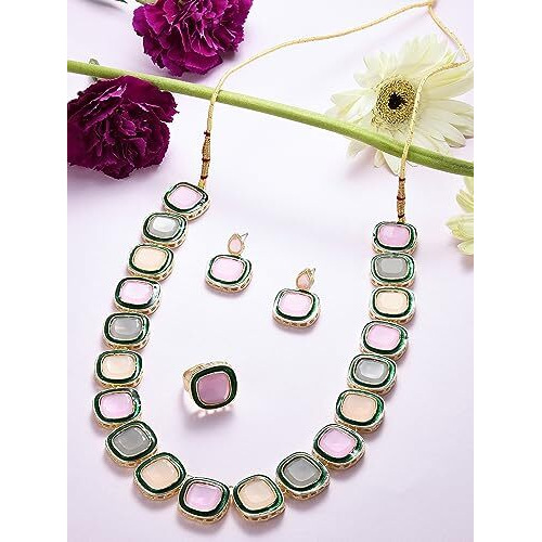 ZAVERI PEARLS MultiColor Artificial Stones Long Necklace Earring & Ring Set For Women-ZPFK16495