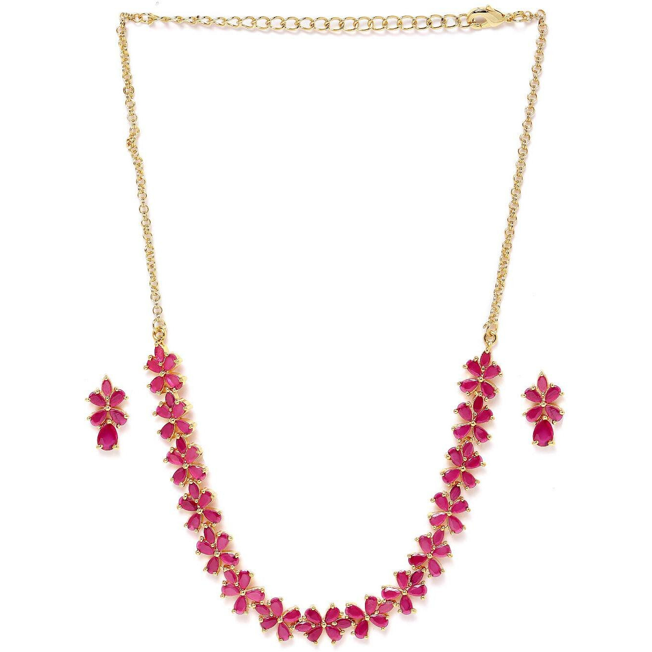 ZAVERI PEARLS Pink Floral Cubic Zirconia Contemporary Brass Necklace & Earring Set For Women-ZPFK9508