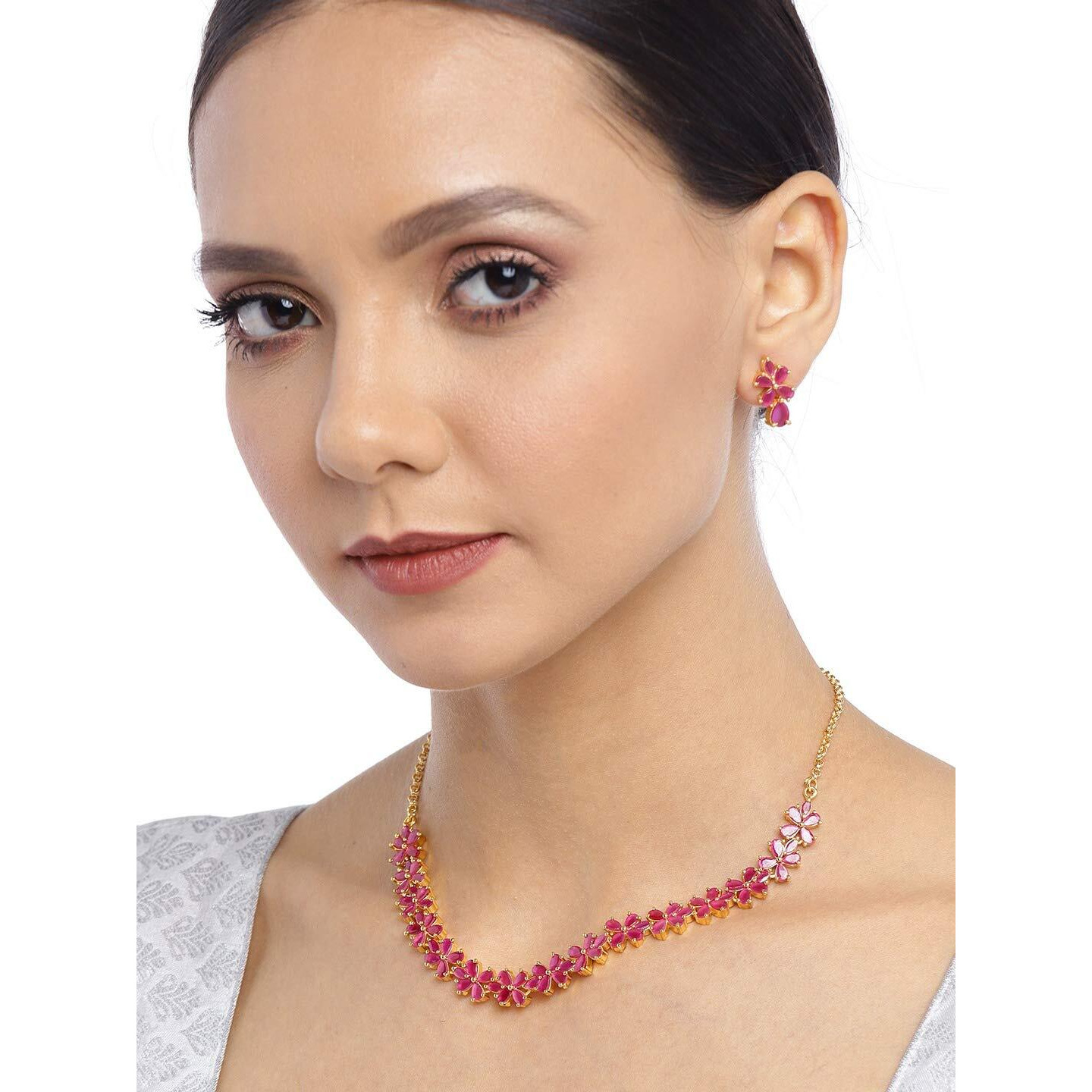 ZAVERI PEARLS Pink Floral Cubic Zirconia Contemporary Brass Necklace & Earring Set For Women-ZPFK9508