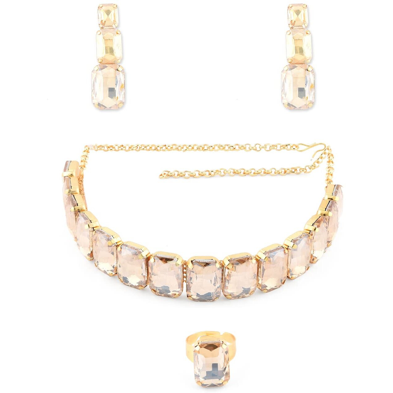 ZAVERI PEARLS Crystal Shine Stones Studded Contemporary Necklace, Earring & Finger Ring Set For Women-ZPFK8650