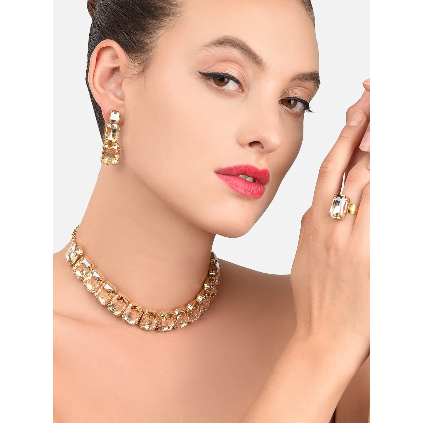 ZAVERI PEARLS Crystal Shine Stones Studded Contemporary Necklace, Earring & Finger Ring Set For Women-ZPFK8650