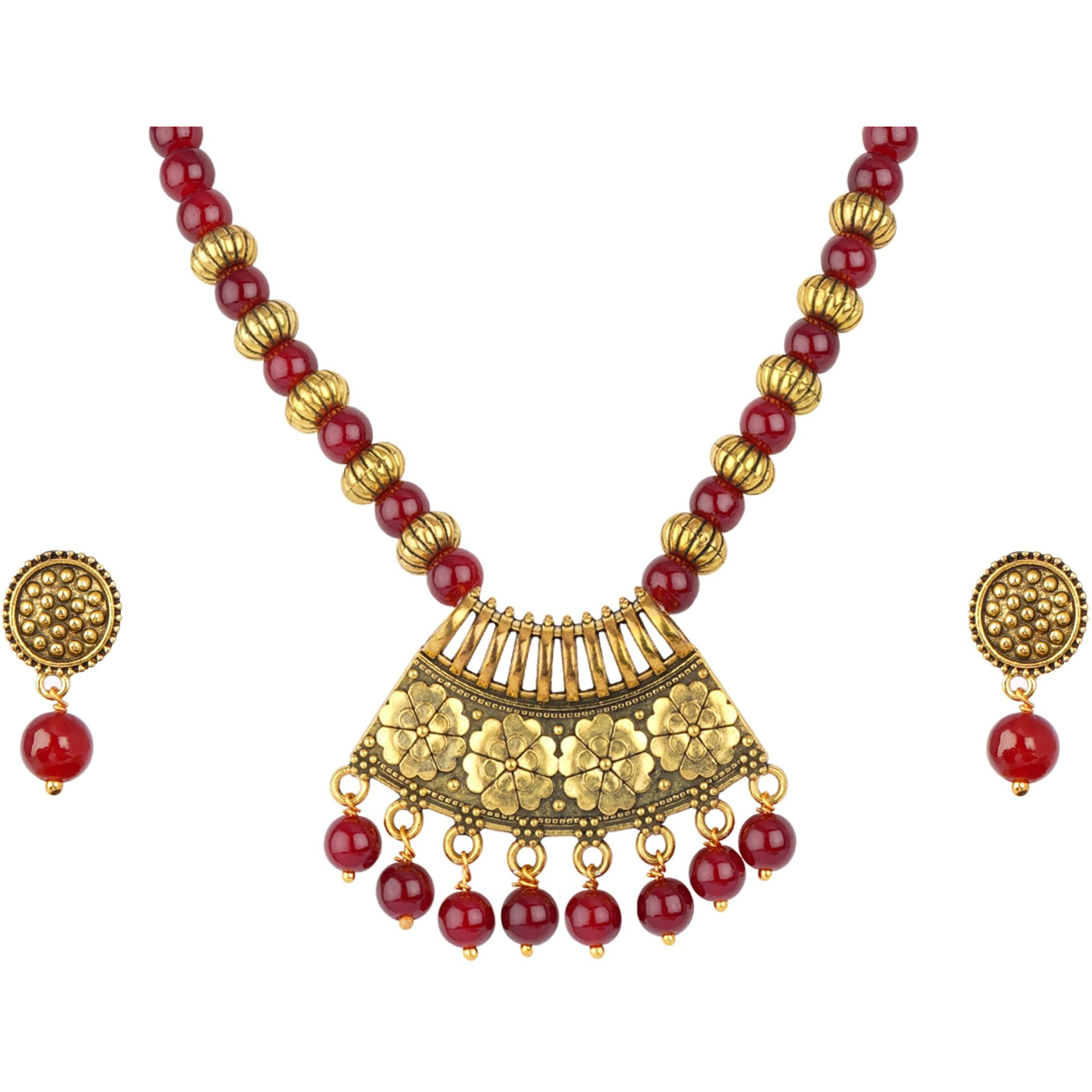 JFL - Jewellery for Less Stylish Gold Plated Antique Semi-Circle Pendant Beaded Tribal Necklace Set for Women and Girls (Maroon),Valentine
