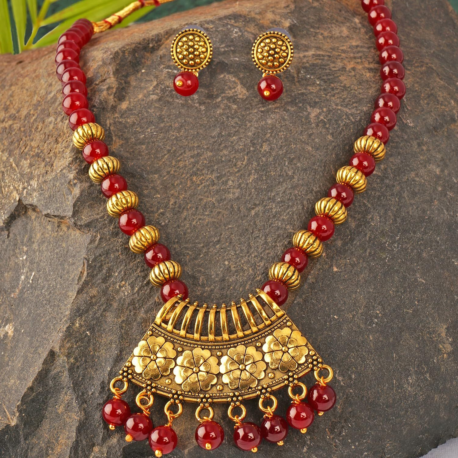 JFL - Jewellery for Less Stylish Gold Plated Antique Semi-Circle Pendant Beaded Tribal Necklace Set for Women and Girls (Maroon),Valentine