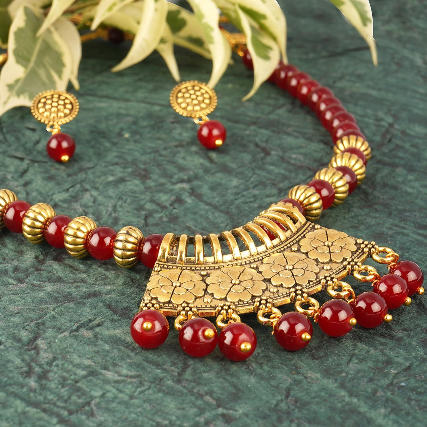 JFL - Jewellery for Less Stylish Gold Plated Antique Semi-Circle Pendant Beaded Tribal Necklace Set for Women and Girls (Maroon),Valentine
