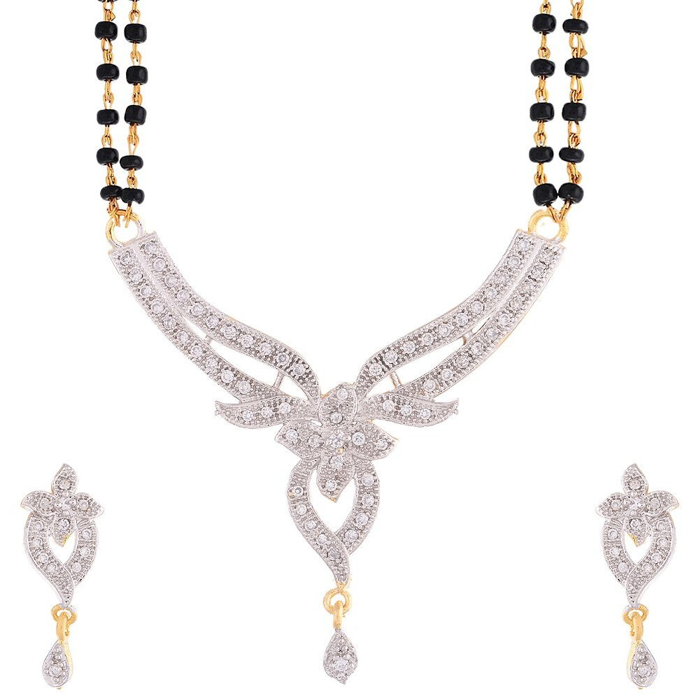 ZENEME Mangalsutra American Diamond Gold Plated Pendant Jewellery with Chain and Earrings for Women (Design-3)