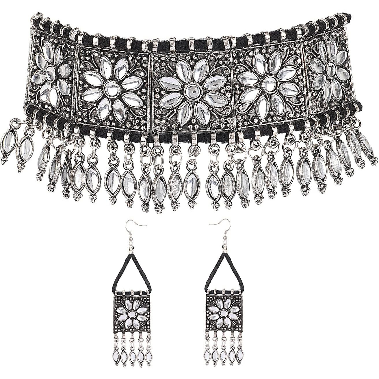 Shining Diva Fashion Latest Stylish Fancy Oxidised Silver Tribal Choker Necklace Jewellery Set for Women (12254s)