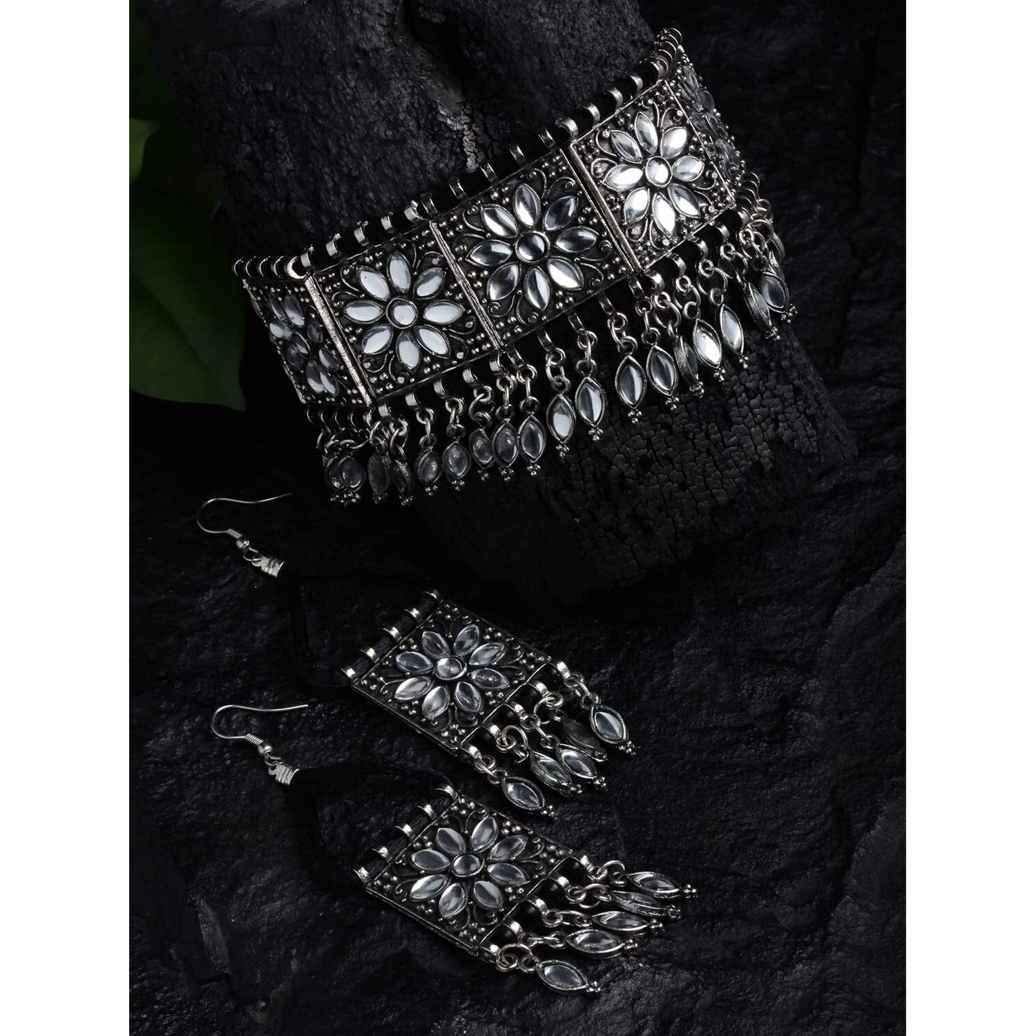 Shining Diva Fashion Latest Stylish Fancy Oxidised Silver Tribal Choker Necklace Jewellery Set for Women (12254s)