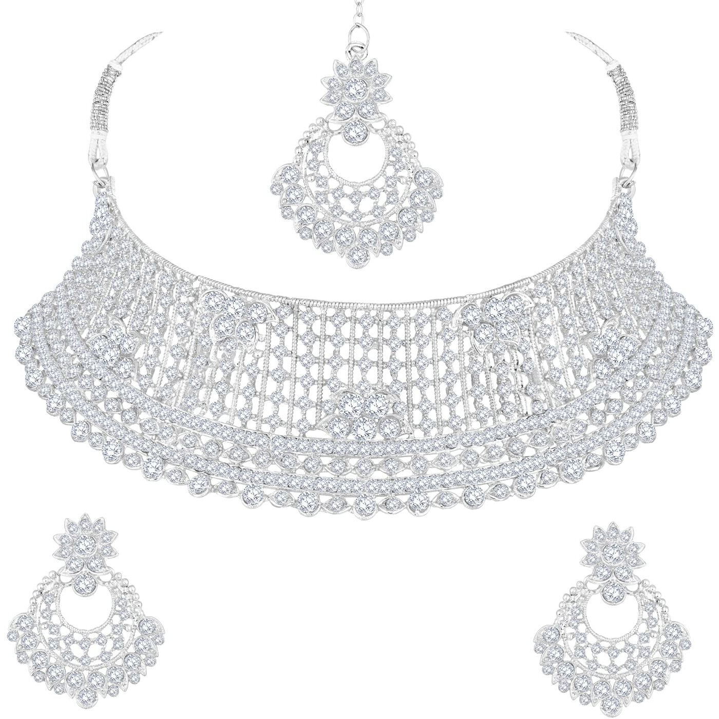 Shining Diva Fashion Diamonds Studded Silver Plated Latest Stylish Traditional Choker Necklace Jewellery Set for Women (rrsd13667s)