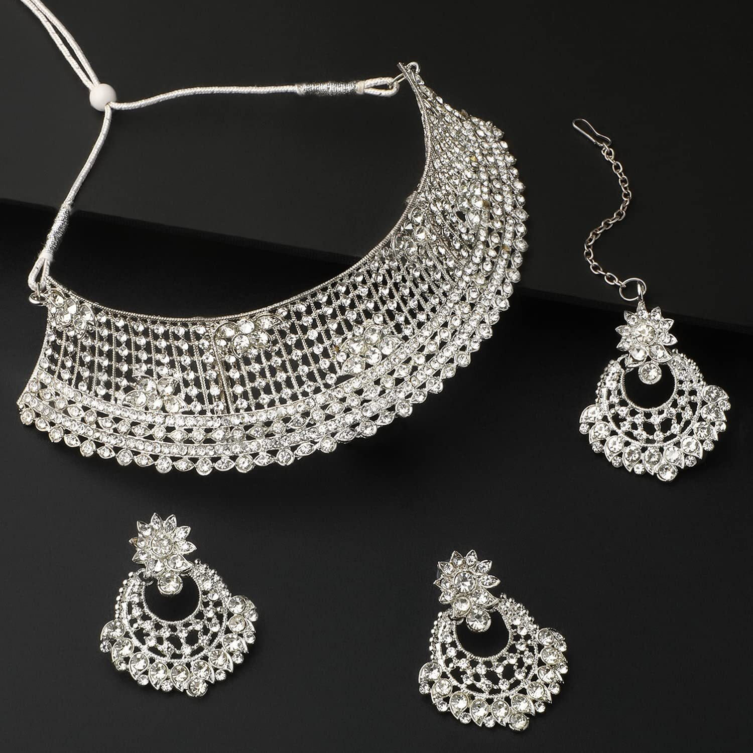 Shining Diva Fashion Diamonds Studded Silver Plated Latest Stylish Traditional Choker Necklace Jewellery Set for Women (rrsd13667s)