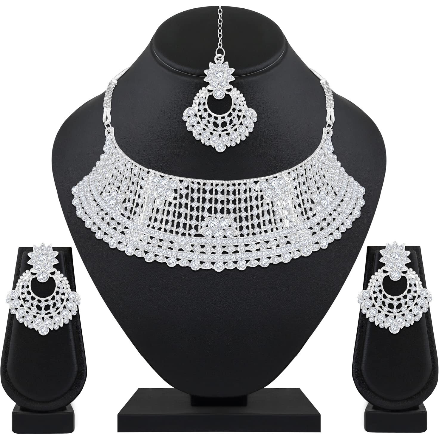 Shining Diva Fashion Diamonds Studded Silver Plated Latest Stylish Traditional Choker Necklace Jewellery Set for Women (rrsd13667s)