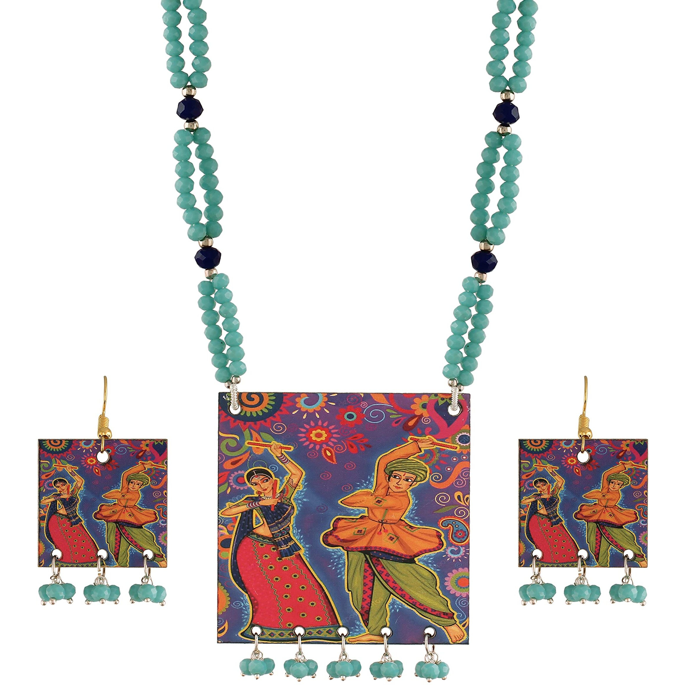 I Jewels Stylish Portrait Handpainted Wooden Pearl Necklace Jewellery With Earrings Set For Women & Girls (ML283)