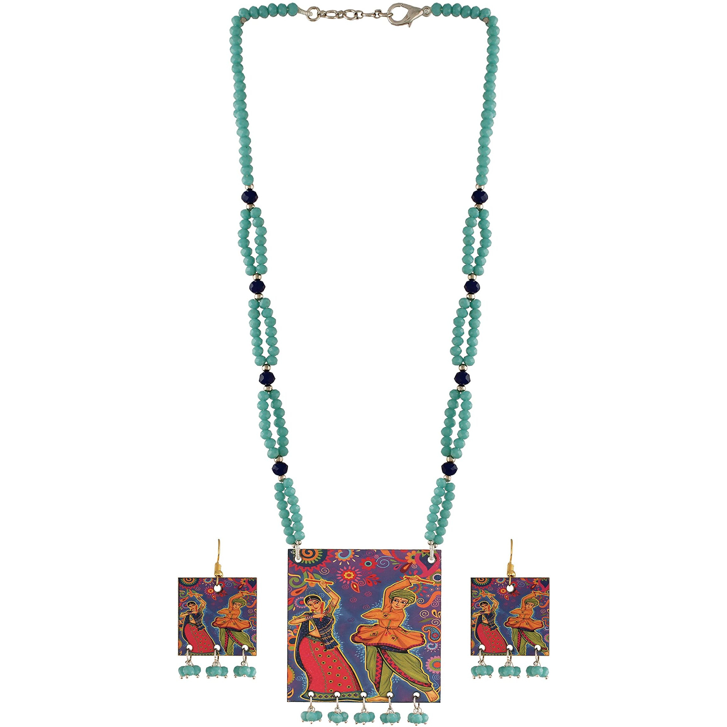 I Jewels Stylish Portrait Handpainted Wooden Pearl Necklace Jewellery With Earrings Set For Women & Girls (ML283)